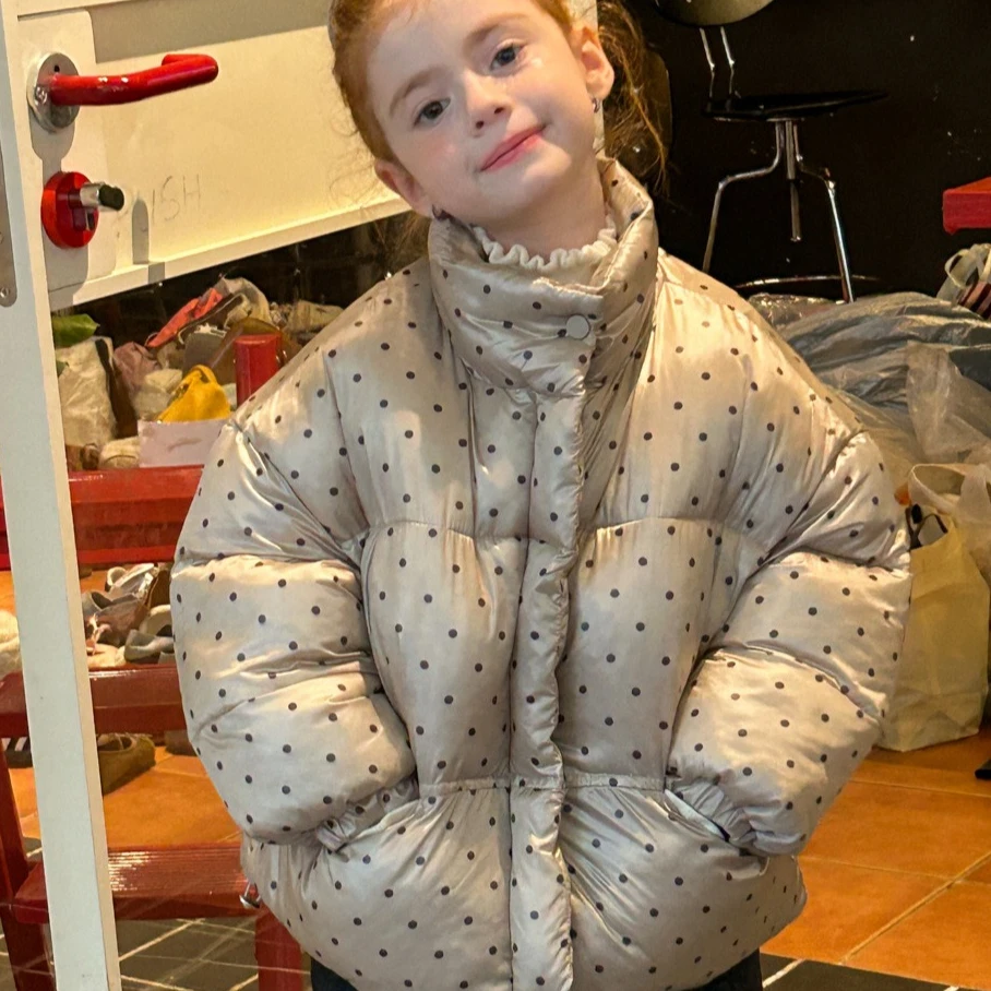 

Хлопковая одежда для девочек, осень-зима 2022, новая детская одежда в корейском стиле, стеганая хлопковая одежда в горошек с ярким лицом для девочек