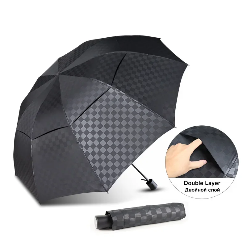 Big Umbrella Double Layer Dark  Rain Grid Women Men 3Folding 10K Windproof Business Umbrellas Parasol Family Travel Paraguas