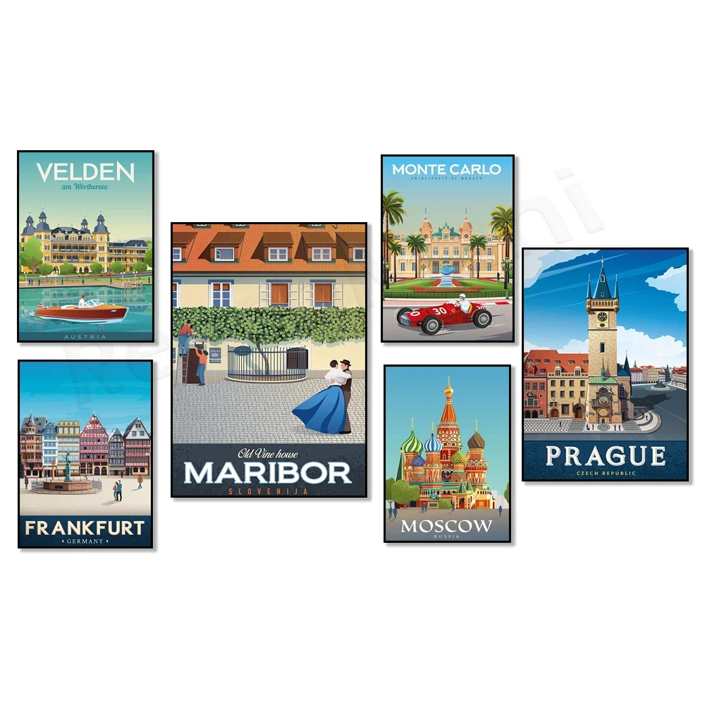 Travel poster for Prague, Russia, Brighton England, Velden Austria, Lake Bled, Frankfurt Germany, Tallinn Estonia, Zagreb Croati