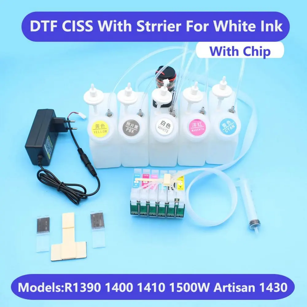 R1390 1400 DTF Printer CISS White Ink Tank System With Stirrer Continuous Ink Supply Dtf Kit For Epson 1390 1400 1500W 1410 1430