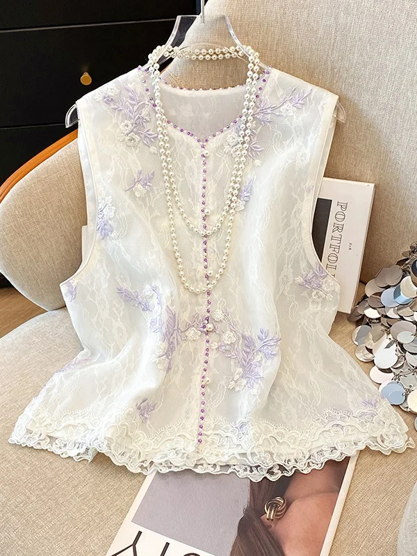 

New Chinese Sle Embroidered Vest Women's Summer Outdoor Wear Luxury Retro Heavy Bead oulder Top Svel round Ne o...