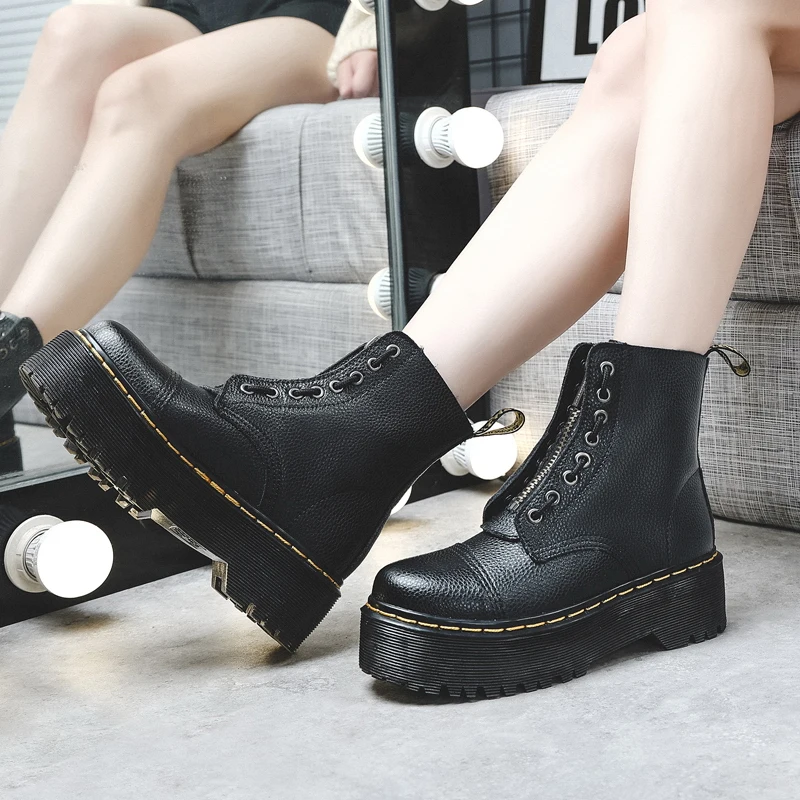 Women Boots Genuine Leather Platform Boots Motorcycle Shoes Front Zipper Optical Soles Fashion Sexy Punk Luxury Men Winter Boots