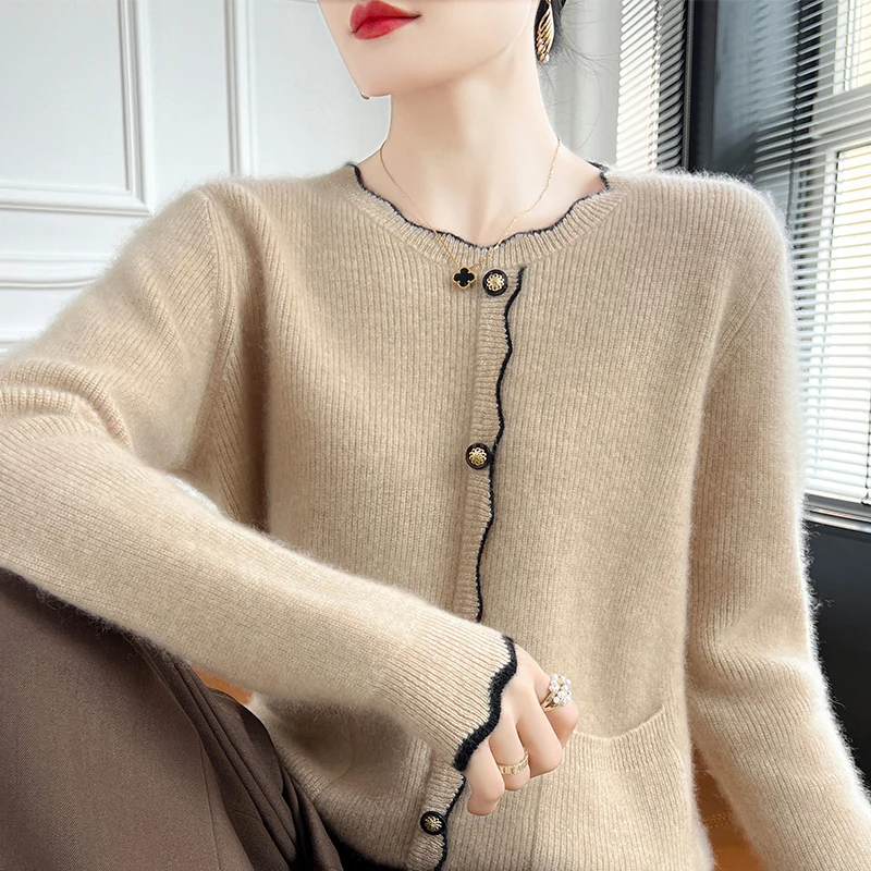 

Fashion Women 100% Merino New Ruffled Collar Buttons Knit Fake Cardigan Sweater Long Sleeves Pullover Cashmere Soft Clothing Top