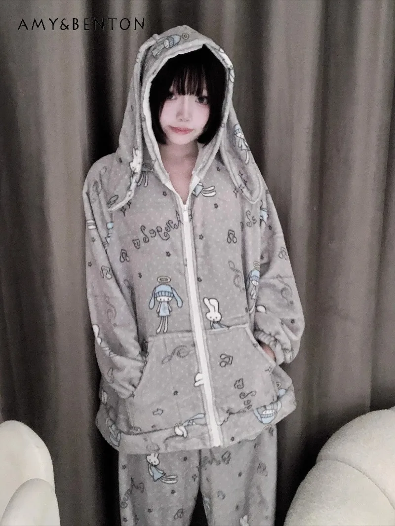 

Japanese Anime Girl Cartoon Print Flannel Pajamas Soft Cute Ear Hooded Top Pants Soft Comfortable Thickened Plush Pajama Sets