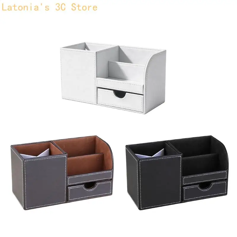 Divided Desktop Stationeries Organizers with Front Drawer, Open Access, Leather-Covered Sides, and Contrast Stitching X3UB