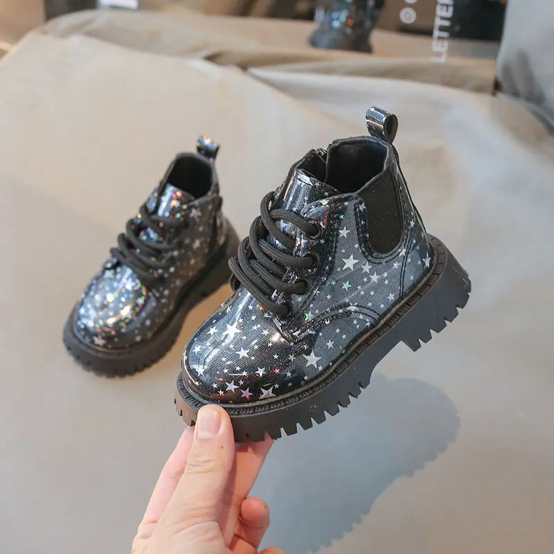 2024 Modne buty dziecięce z nadrukiem gwiazd Wiosna Jesień PU Zip Toddler Children Ankle Shoes Anti Slip Baby Girls Boys Boots