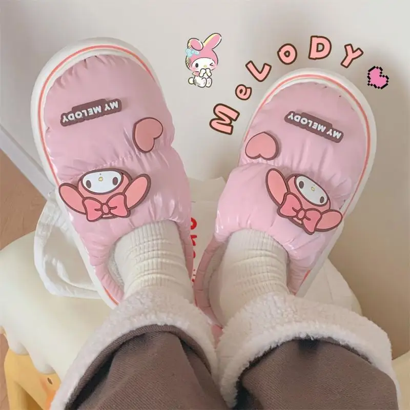 Sanrios Hello Kittys Plush Slippers Women Sweet Home Cotton Shoes Girls Kuromi Cinnamoroll Winter Indoor Soft Warmth Slippers