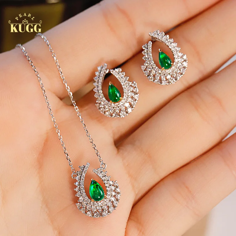 

KUGG 18K White and Yellow Gold Necklace Romantic Style Real Diamond Natural Emerald Gemstone Earrings and Necklace for Women