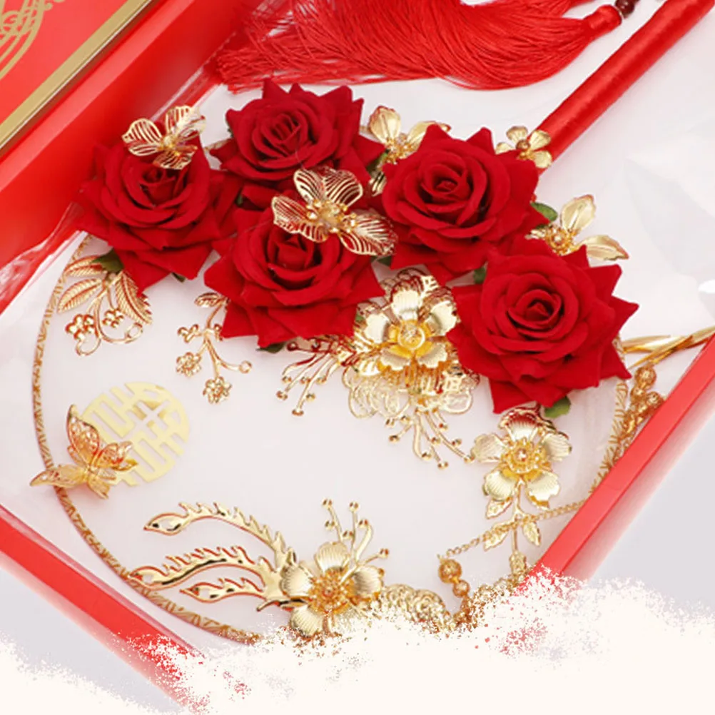 

Chinese Style Wedding Fan Delicate Flower H Fans for Decoration Traditional Round Alloy Prom Pageant Cosplay Gift
