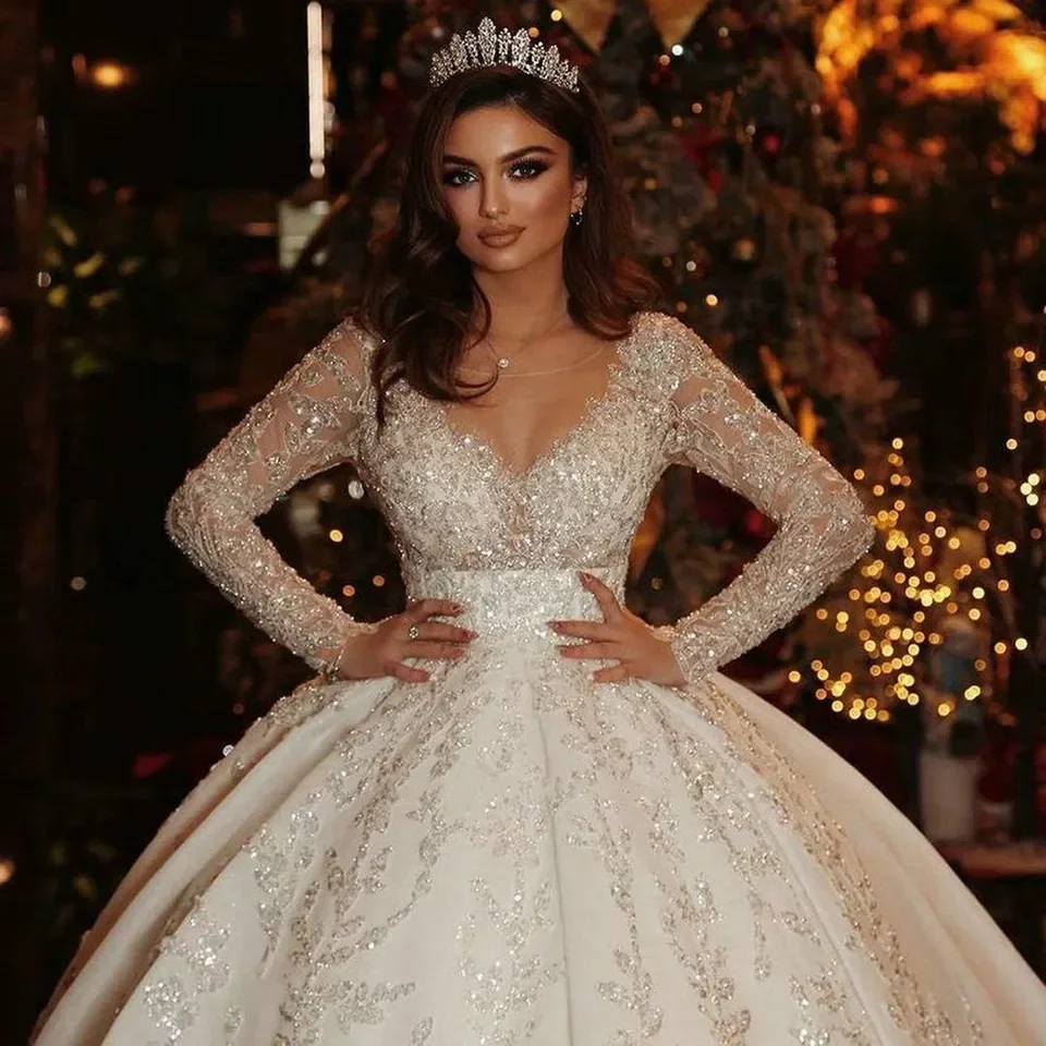 Customized Arabic Ball Gown Illusion Long Sleeve Wedding Dresses 2025 Princess Sweetheart Glitter Sequined Appliques Bride Gowns