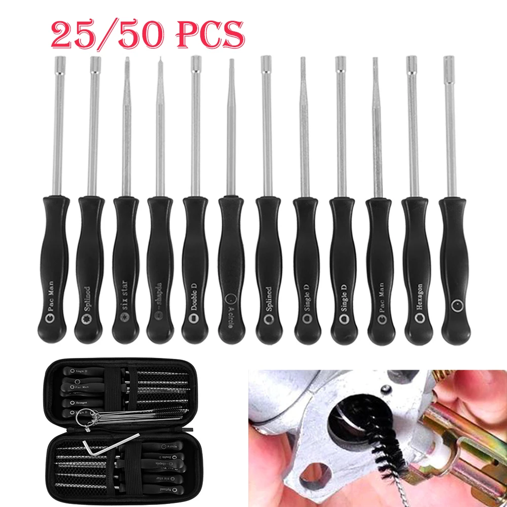 25/50Pcs Screwdriver Carburetor Adjustment Tool Double D Single D Hexagon Pac Man Socket Kit with Carburetor Cleaning Brush