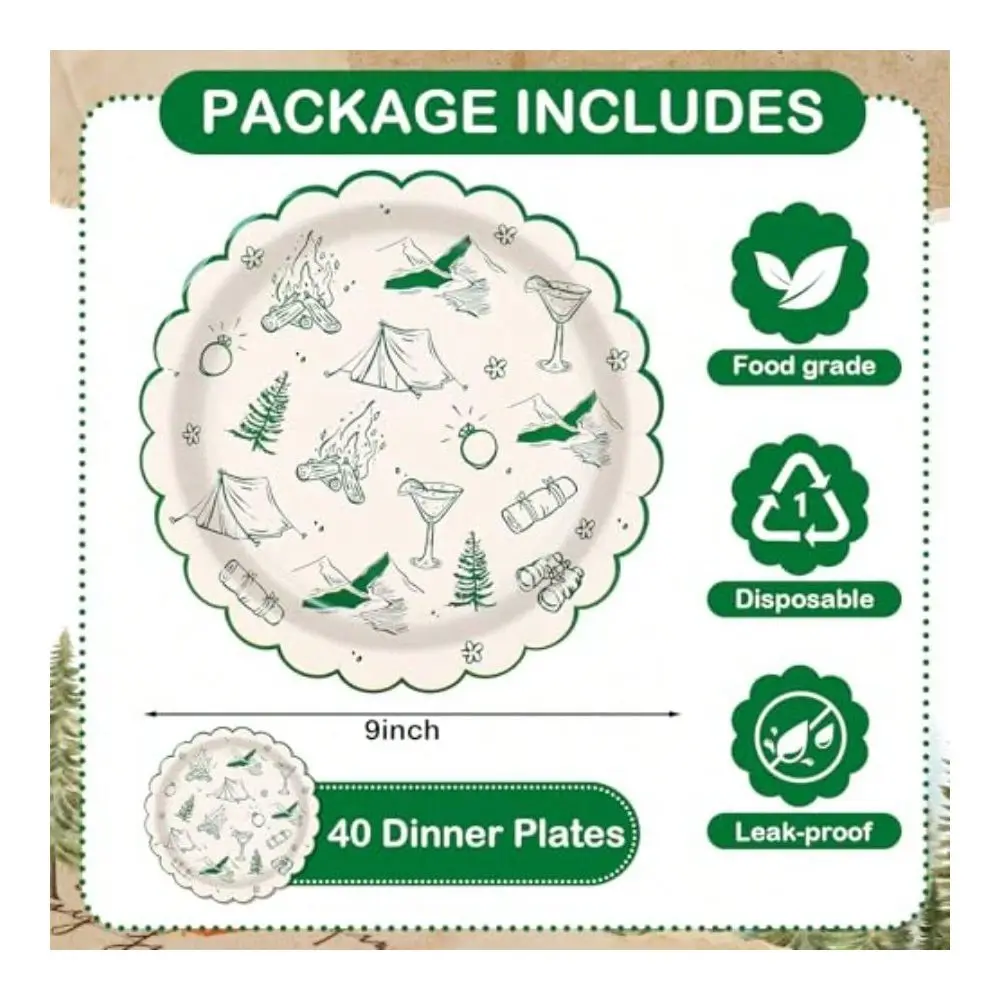 D40Pcs Camp Bachelorette Party Paper Plates Green Camping Theme Scalloped Disposable Plate Dert Salad Plate For Summer Wedding Bridal Shower Birthday Party, 9 Inch