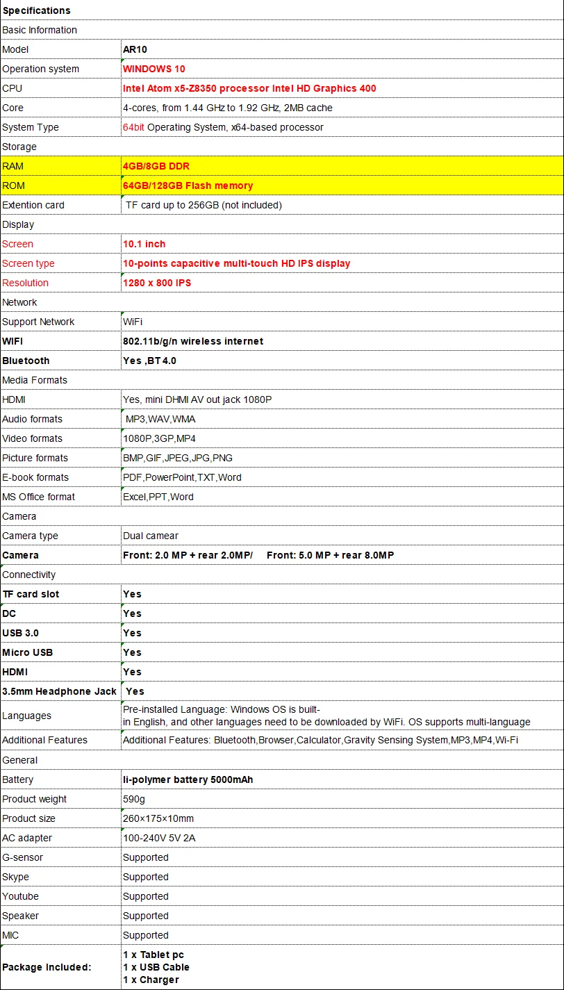 DS808 10.1“ Windows 10 Pro Tablet PC Intel Z8300 64bit Quad Core Dual Camera 4GB/8GB DDR 64GB/128GB ROM 1280X800 IPS HD-MI Port