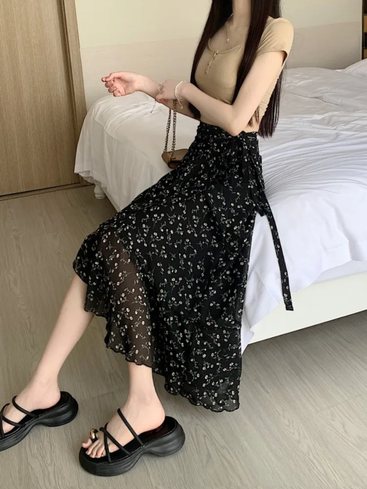 

Черная женская летняя юбка-фартук в нежном стиле с цветочным кружевом, на завязках, длинная, мягкая и комфортная