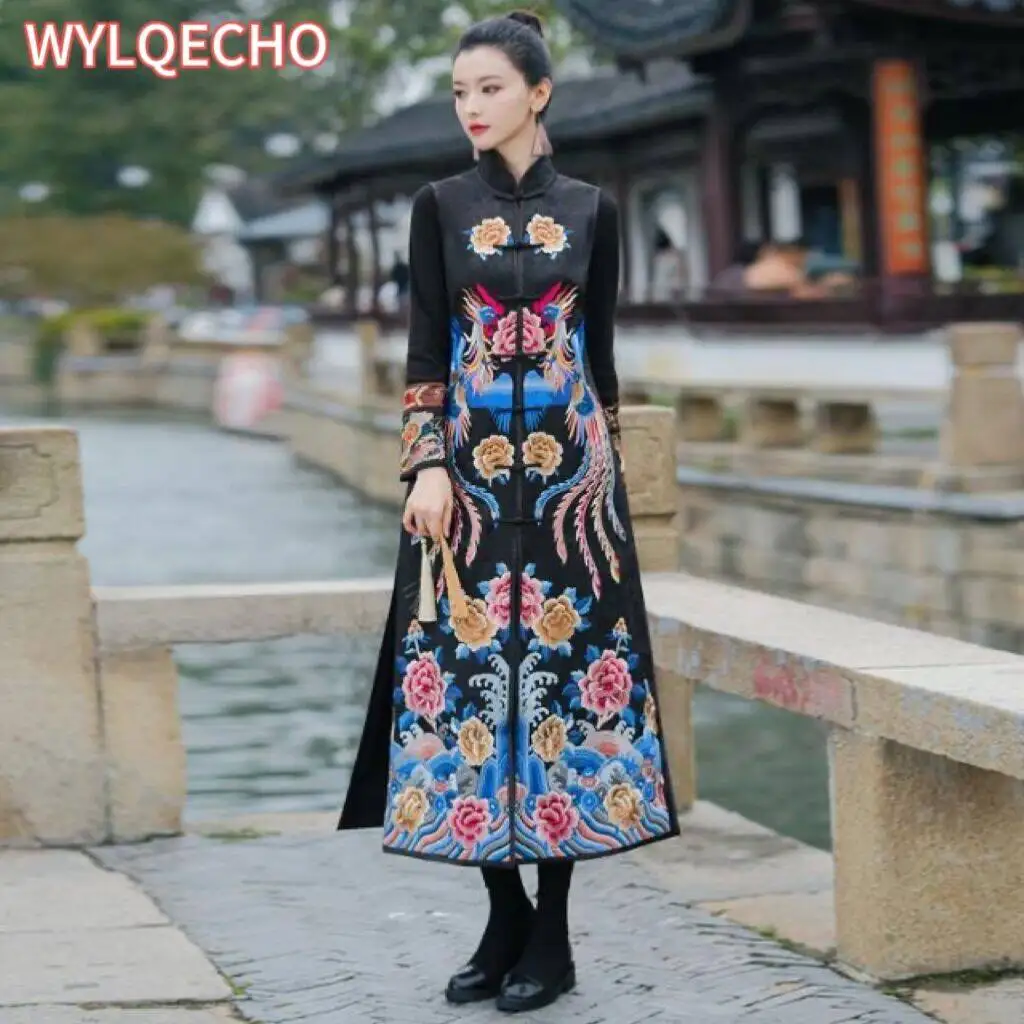 

2024 chinese vintage hanfu tops ethnic satin jacquard vest national flower embroidery sleeveless jacket stand collar tang suit