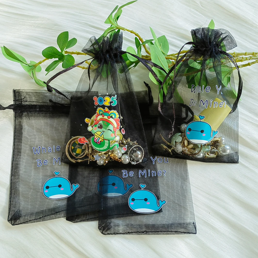 

100 шт. подарочных мешочков из органзы на заказ, для украшений, сувениров на вечеринку/свадьбу, конфет, с завязками, 15x20 см, черные, для упаковки подарков, из тюля