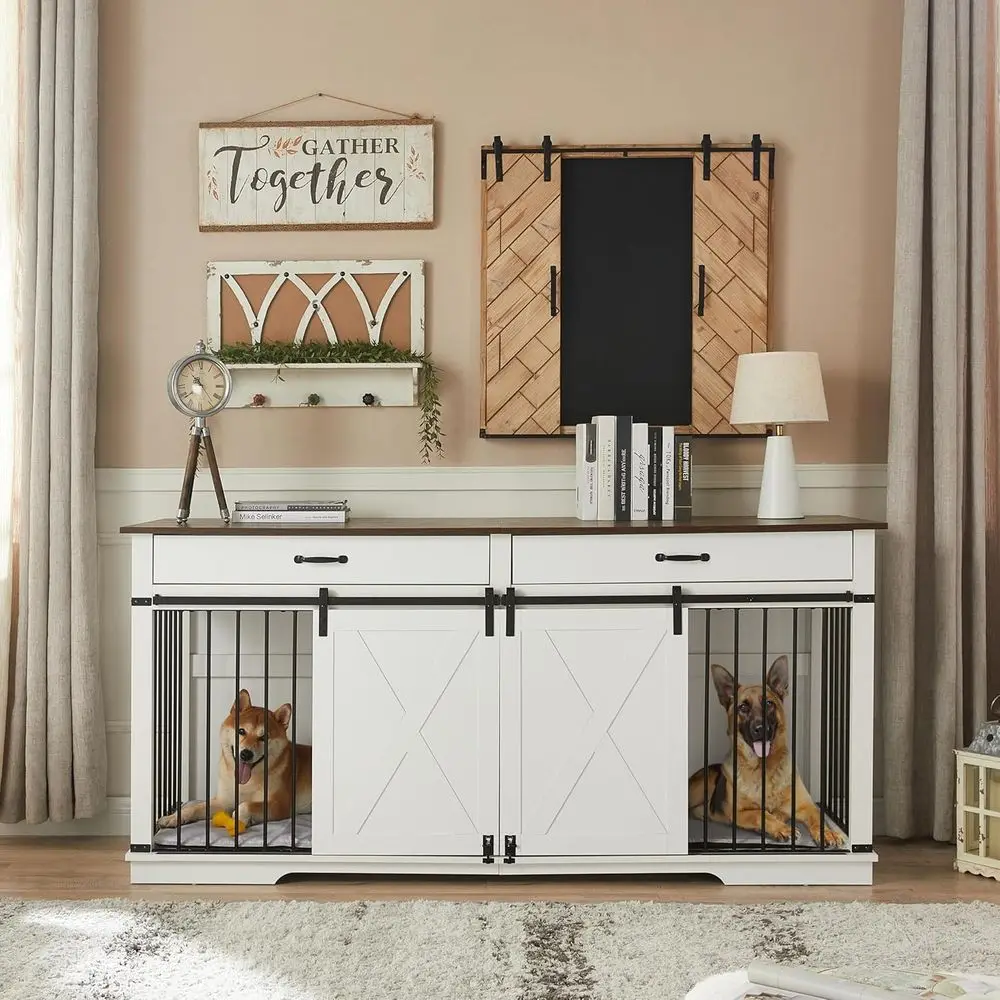 

Деревянный вольер XXL для крупных пород собак в стиле мебели, с перегородкой и дверцей-распашонкой, водостойкий, белый