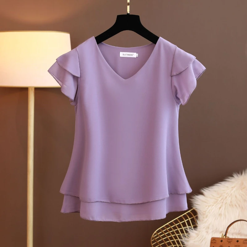 2024 Summer New Plus Size Women Chiffon Blouses Loose V-Neck Short Sleeve Fashion Cozy Tops Casual Shirts Blusas Mujer De Moda