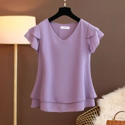 2024 Fashion Brand Summer Short Sleeve V-Neck Chiffon Shirt Tops Large Size Loose Women's Casual Shirts Casual Tops Blusas Seda