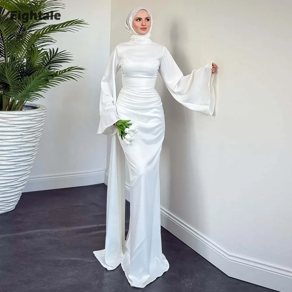 

Eighale Arabic Wedding Dresses Long Sleeves High Neck Muslim Simple White Ivory Customized Mermaid Bridal Gowns