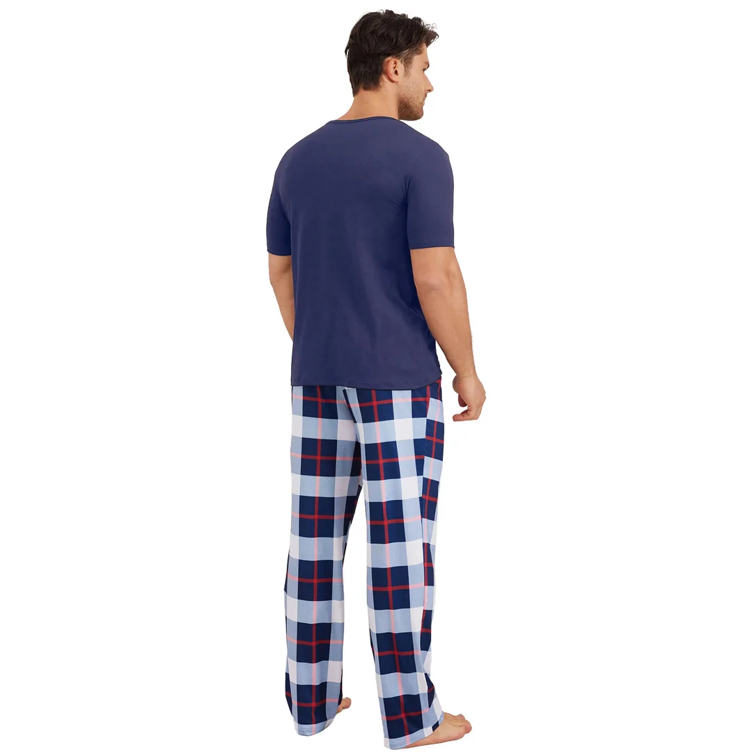 

Men's New Men's Pajamas Short Sleeves Trousers Crew Neck Two-piece Set Loose Casual Plaid Printing Pijamas Pajama Lounge Set