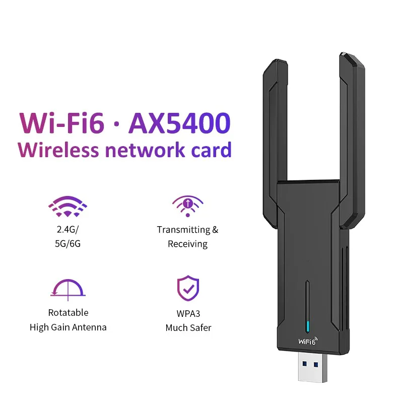 Potente adattatore WiFi USB Tri-Band da 5400Mbps per PC, compatibile con Windows 11/10, supporta USB3.0, 8x MU-MIMO, OFDMA, gioco E-sports