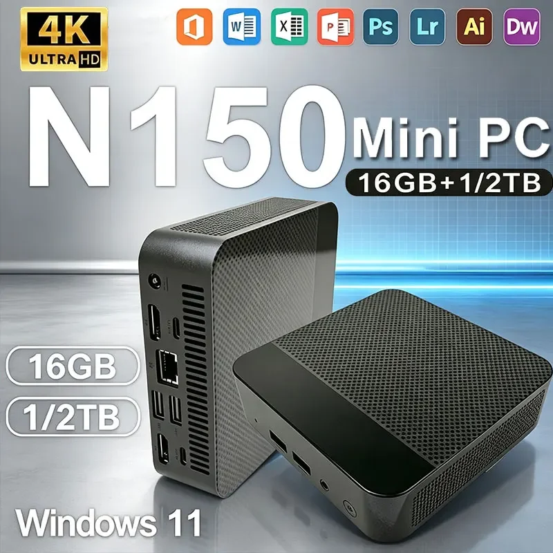 미니 PC 윈도우 11 프로 인텔 코어 N150 16GB RAM 1TB 2TB SSD PC 컴퓨터 듀얼 WIFI6 BT5.2 4K 휴대용 게이밍 컴퓨터 PC