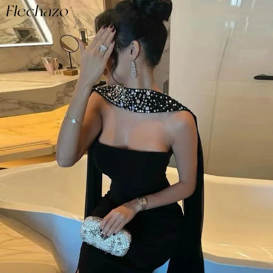 Flechazo Black Evening Dresses Strapless Crystal Beads Ribbons Formal Elegant Occasion Gown For Women 2024 vestidos para mujer