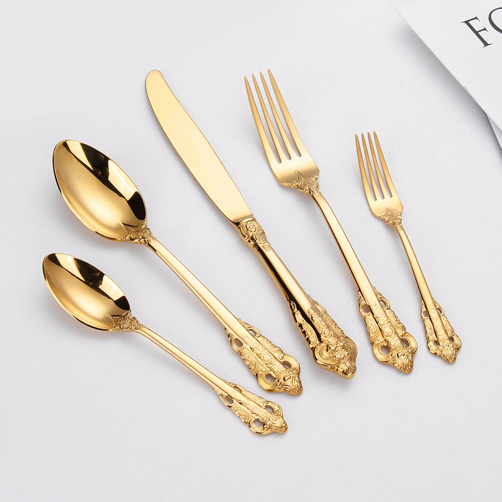 12/15/16/20 Pieces Gold Plated Luxury Cutlery Set Stainless Steel Gold Dinnerware Vintage Western Tableware Fork Spoon Knife Set