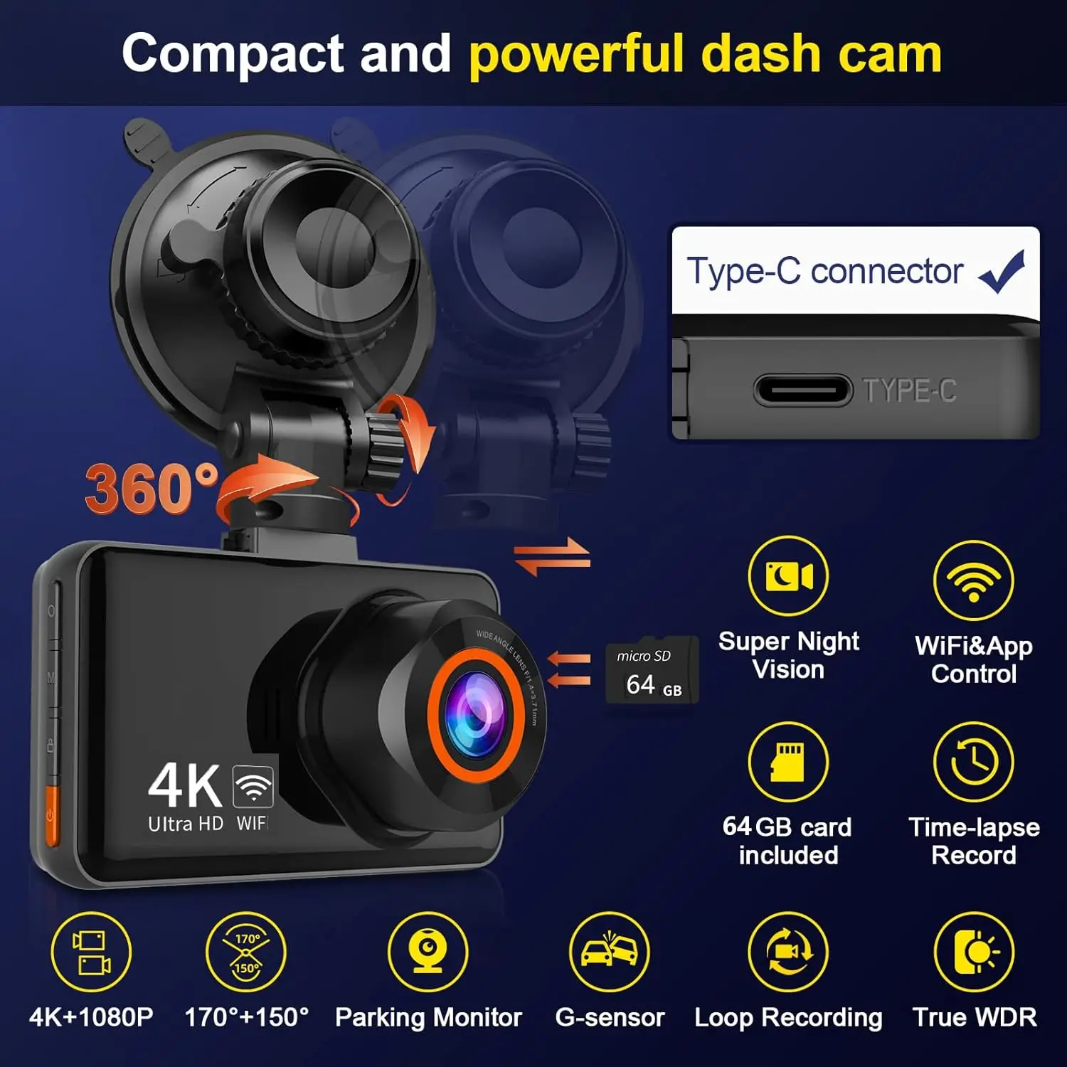 KQQ 4K WiFi Dash Cam with 64GB Sd Card 3.5inch Small Hidden Type Driving Recorder Black Box Car Assecories Car Video Recorder