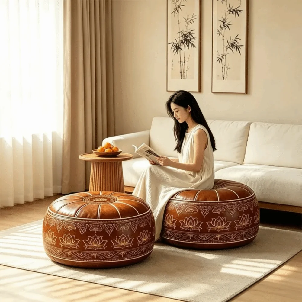 PU Leather Round Sofa Stool Cover Vintage Waterproof Seat Cushion Cover Space-Saving Unfilled Storage Leg Bench Entryway