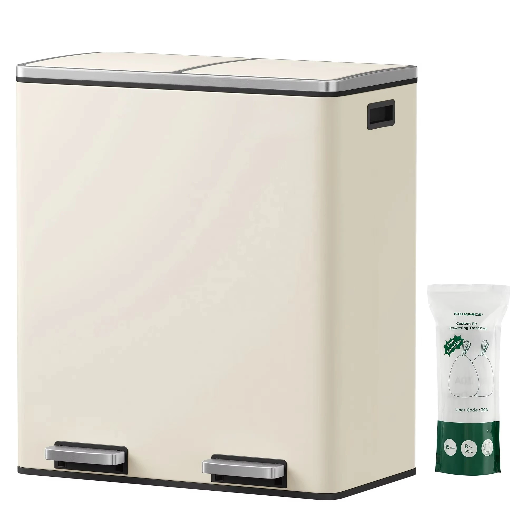 

Прямоугольный уличный мусорный бак из нержавеющей стали с педалью, 60 л, двойной мусорный бак с 15 мешками для мусора