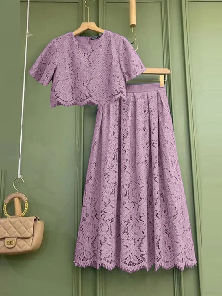 

ZANZEA Holiday Short Sleeve Crop Tops Suits Casual Elegant Women A-line Long Skirts 2pcs Outfits Openwork Lace Party Skirt Sets