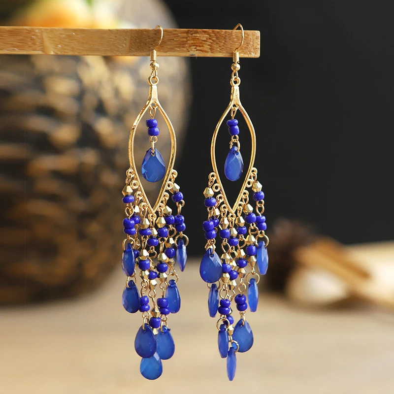 Ethnische Lange Acryl Wasser Tropfen Ohrringe für Frauen Retro Boho Gold Farbe Hohl Quaste Ohrringe Bijoux Femme Zubehör – Detail 5