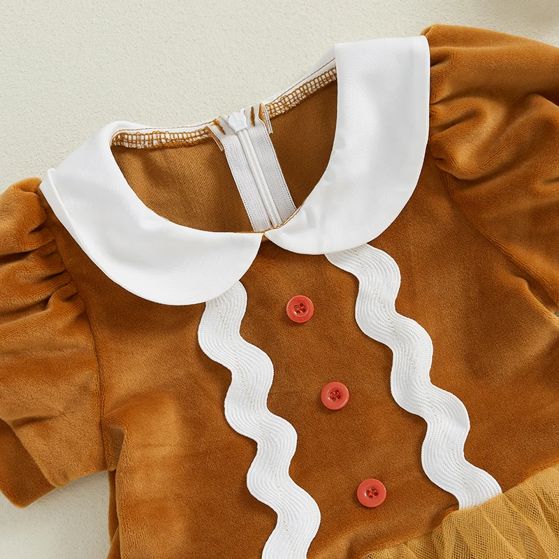 0-5Y Toddler Kids Girls Christmas Gingerbread Dress Short Sleeve Mesh Patchwork Tulle Princess Dress