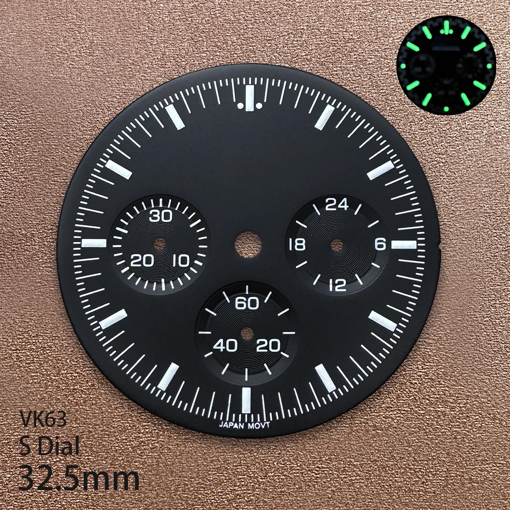32.5mm S 로고 매트 다이얼 VK63 무브먼트에 적합 녹색 Lminous Sunray 품질 시계 수정 액세서리