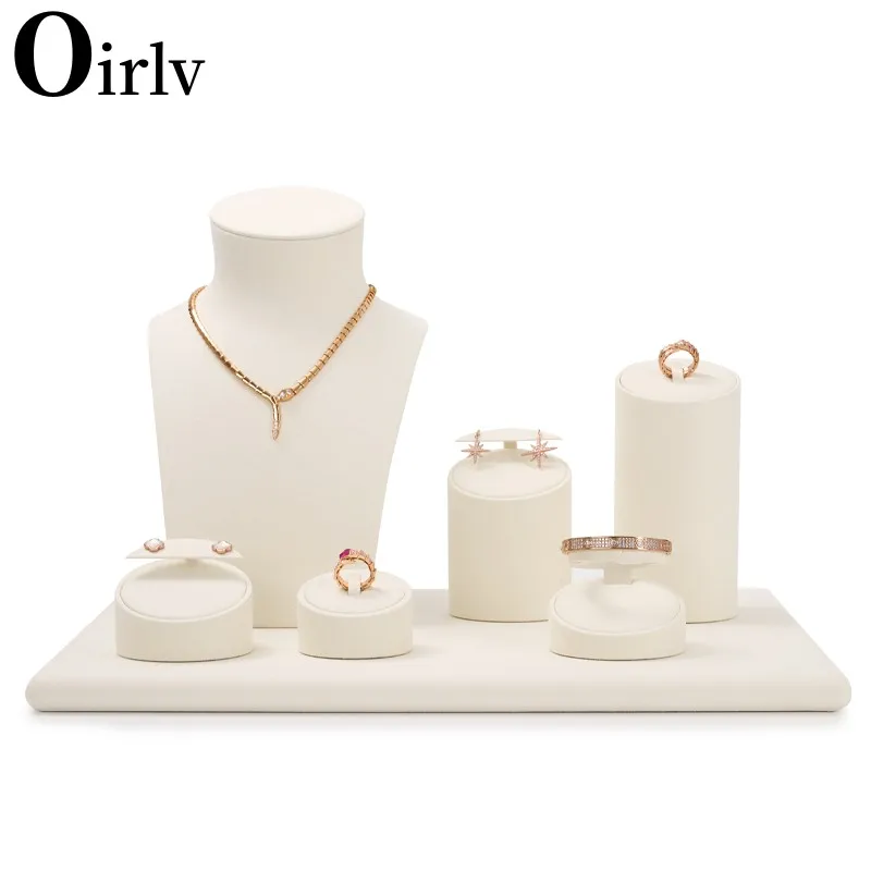 Oirlv Retro Beige Microfiber Jewelry Counter Display Set Props Shop Cabinet Display for Necklace Earrings Ring Hoder