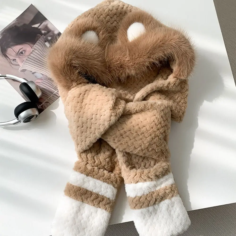 高価値のクマ保護帽子ソフトプルオーバー一体型キャップ手袋スカーフ甘い防風耳保護帽子クリエイティブデザイン