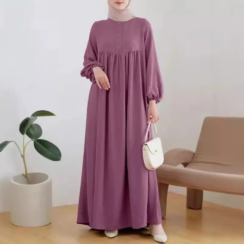 2024 New Muslim Women's Robe Spring and Autumn Fashion Casual Bubble Sleeve Simple Solid Color Dress