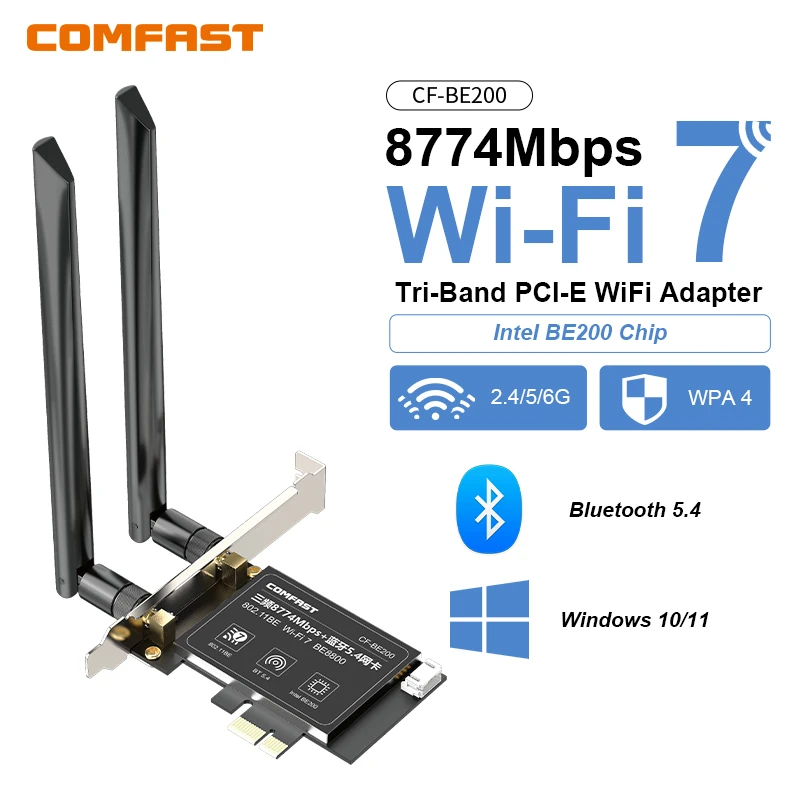 

COMFAST BE200 PCI-E Wireless Adapter 8774M WiFi 7 Pcie Card Bluetooth 5.4 6GHz 802.11BE PC/Laptop Antenna For Win10/11 Linux