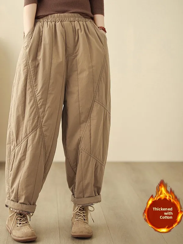 Retro Harajuku Cotton Pants Women's Winter Thiened Warm Trousers Loose Elastic Waist Carrot-aped Casual Outerwear
