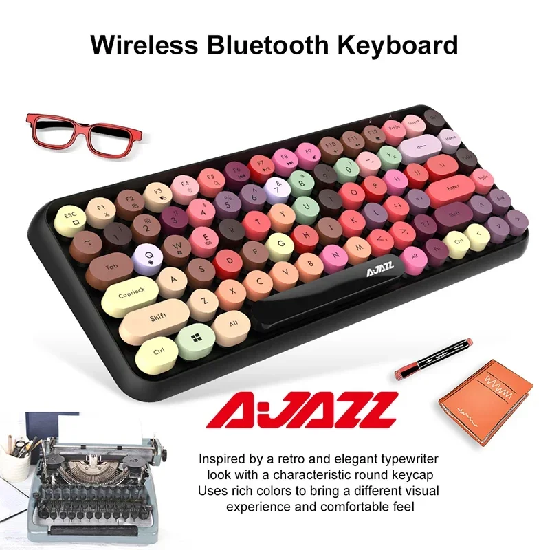 Ajazz Wireless Bluetooth Keyboard 84Keys Rechargeable Typewriter Retro Round Keycap Portable Keyboard for IOS Android Windows PC