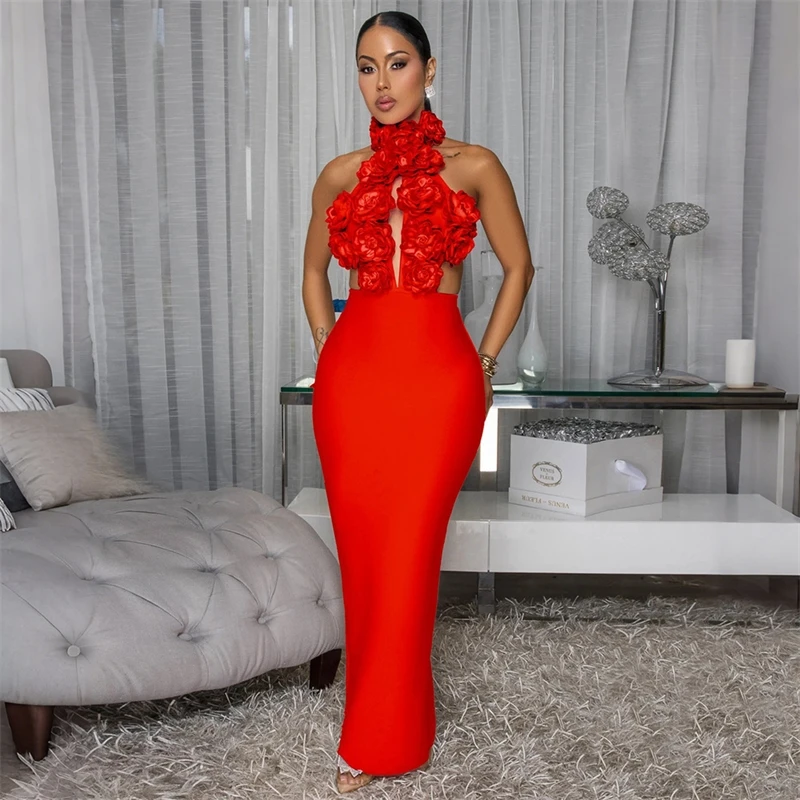 Zomer Vrouwen Mouwloze Elegante V-hals Uitsparing 3D Bloem Lange Maxi Jurk 2023 Zomer Sexy Avond Jurken Vestidos