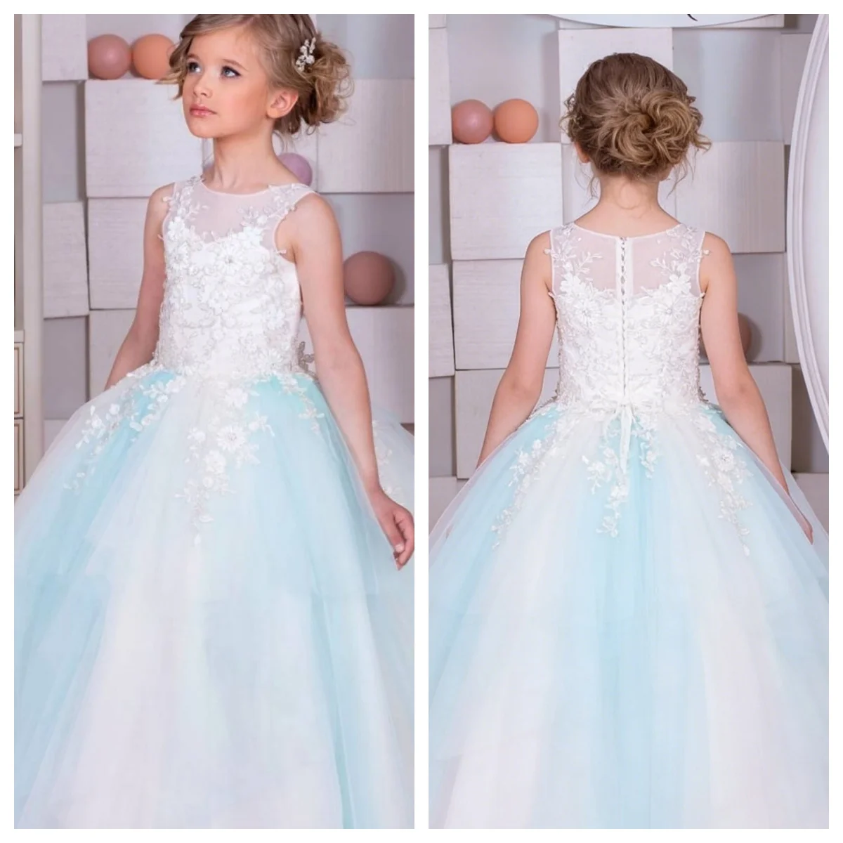 dress princess style chiffon ball White lace gradient blue flower children'sdress suitable for birthdays and weddings