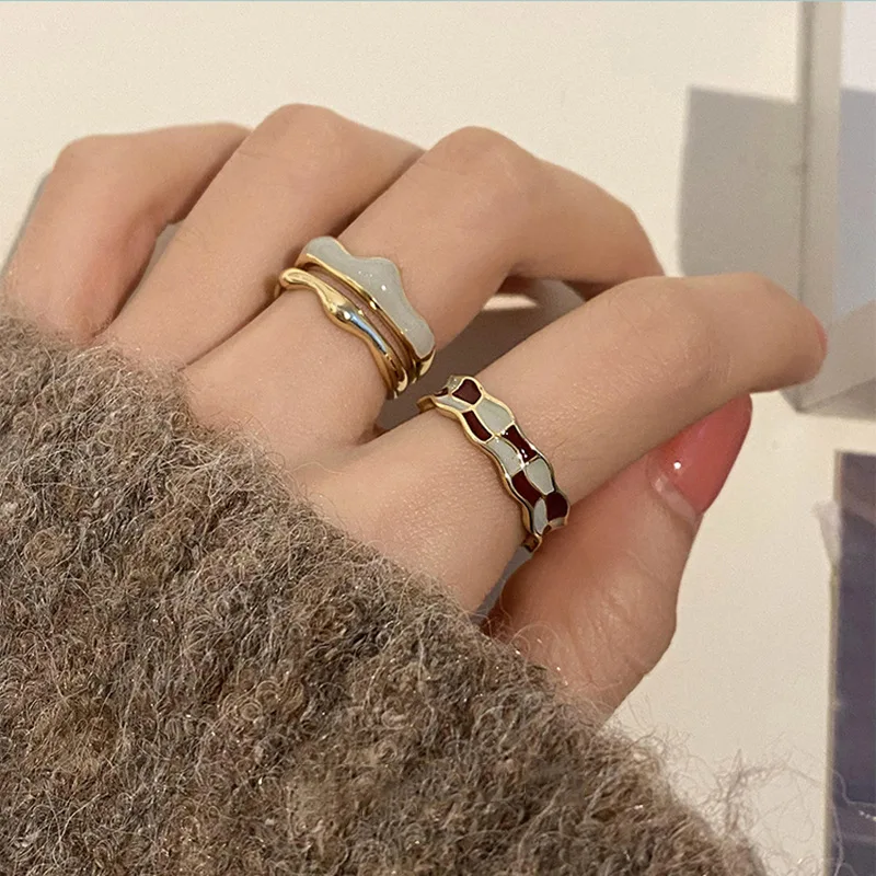 Fashion French Enamel Drip Checkerboard Open Ring For Women Luxury Hollow Out Index Finger Rings Geometric Couple Ring Jewelry