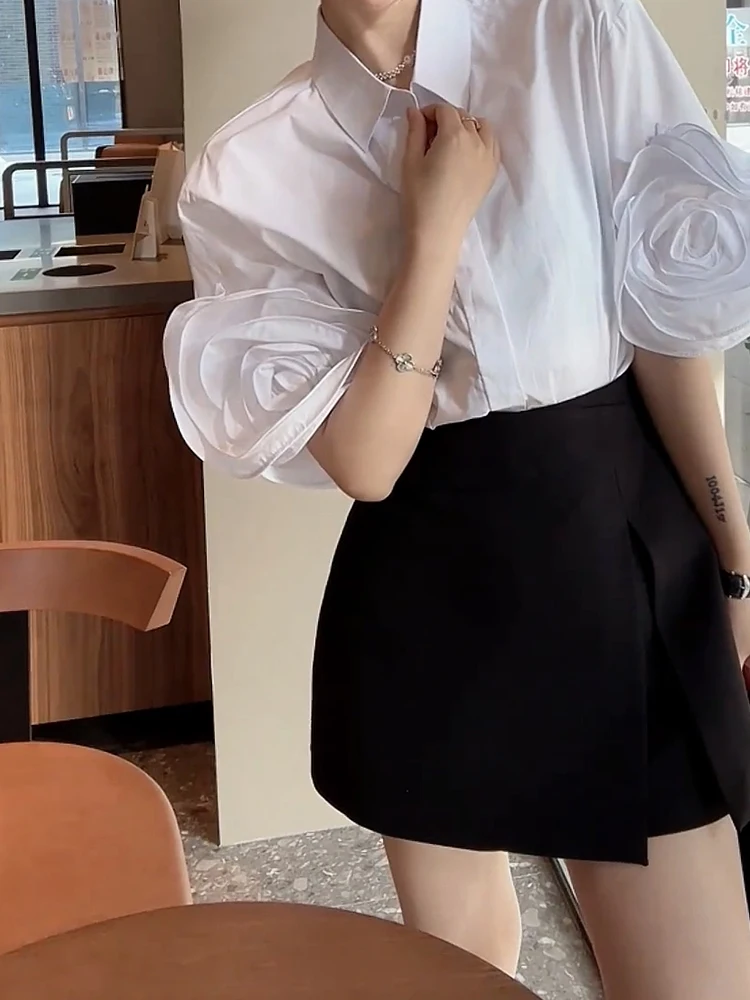 

Ele Spring 2025 Large Size irt Unique Design Flower Bud Sve Sli Korean Sle Commute Faion for All Body pes