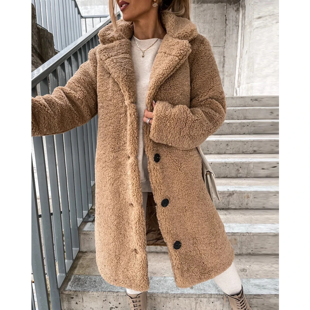 Casual Autumn Femme Turn-down Collar Fluffy Teddy Coat Single Breasted Winter Jackets Outwear for Women Streetwear traf