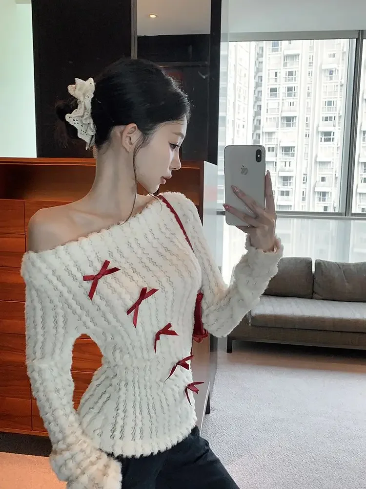 Deeptown Sweet Bow Knitted Pullover Women Off Shoulder Sexy Long Sleeve Sweaters Korean Style Kawaii Autumn Winter Pullovers