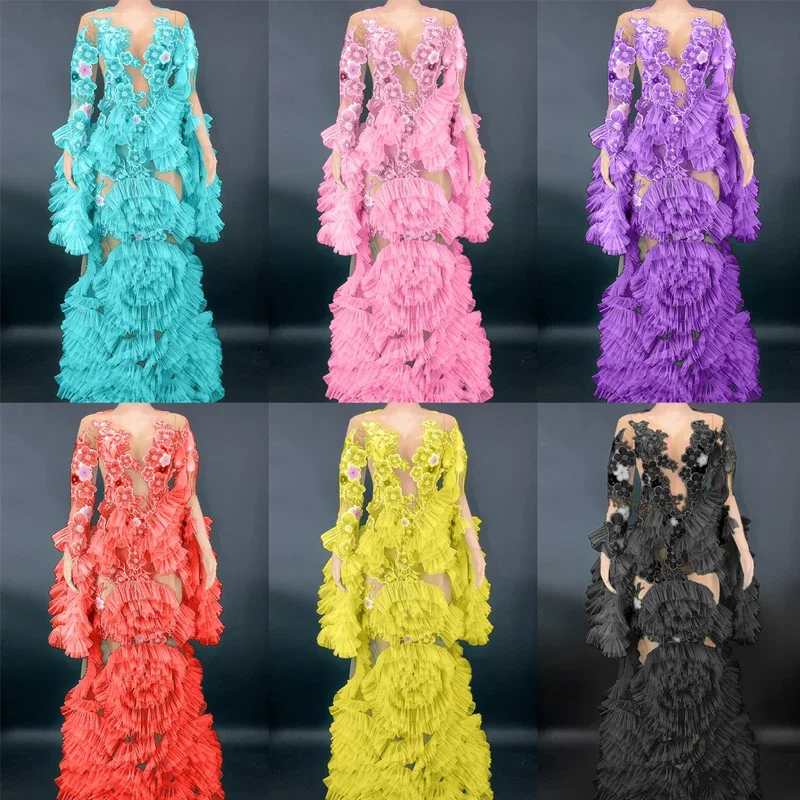 

Multicolor Sticky Flower Long Dress Sexy Gauze Trailing Evening Dress Birthday Celebrate Outfit Women Stage Costume