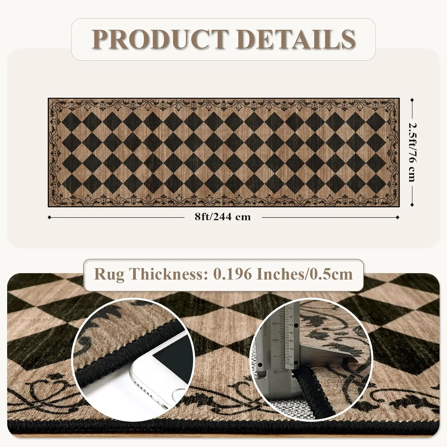 Checkered Hallway Runner Rug Vintage Kitchen Runner Rugs Non Skid Washable,Stain Resistant Ultra Thin Entryway Decor Framhouse